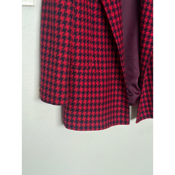 Vintage 100% Wool Blazer Collared Jacket Business Office Navy Red Houndstooth - Picture 10 of 12